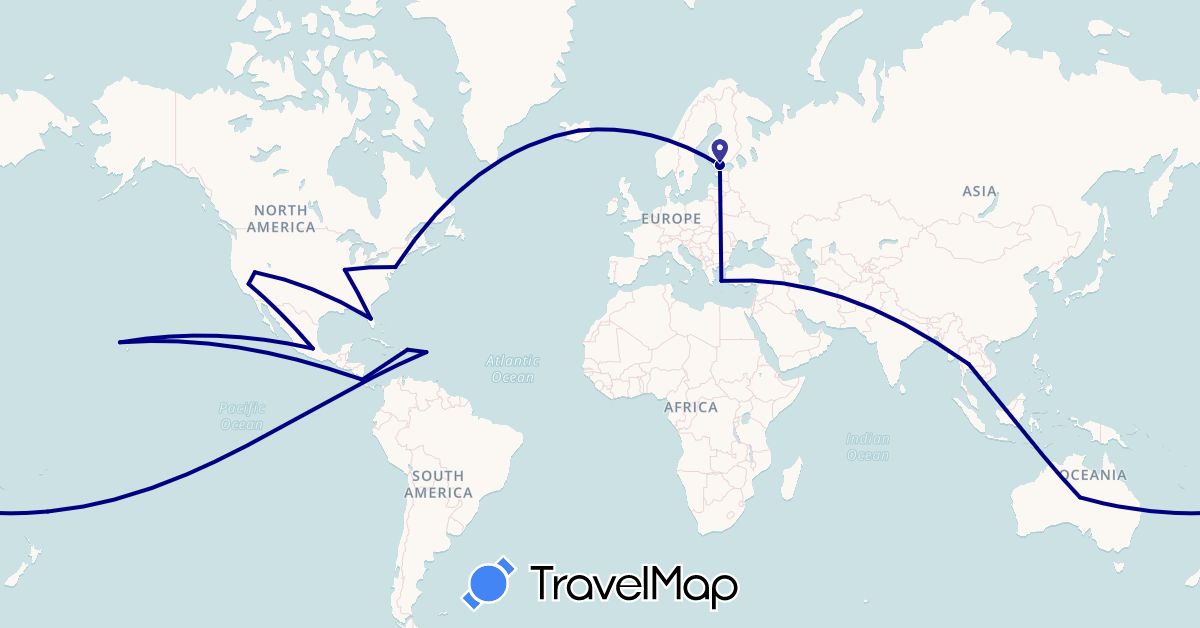 TravelMap itinerary: driving in Australia, Costa Rica, Dominican Republic, Finland, Greece, Iceland, Mexico, Thailand, United States, British Virgin Islands (Asia, Europe, North America, Oceania)