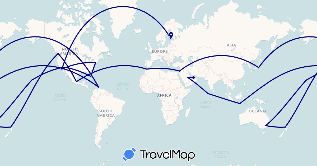 TravelMap itinerary: driving in United Arab Emirates, Australia, Aruba, Canada, Finland, Indonesia, Jordan, Japan, Morocco, Maldives, Mexico, New Zealand, Saudi Arabia, United States (Africa, Asia, Europe, North America, Oceania)